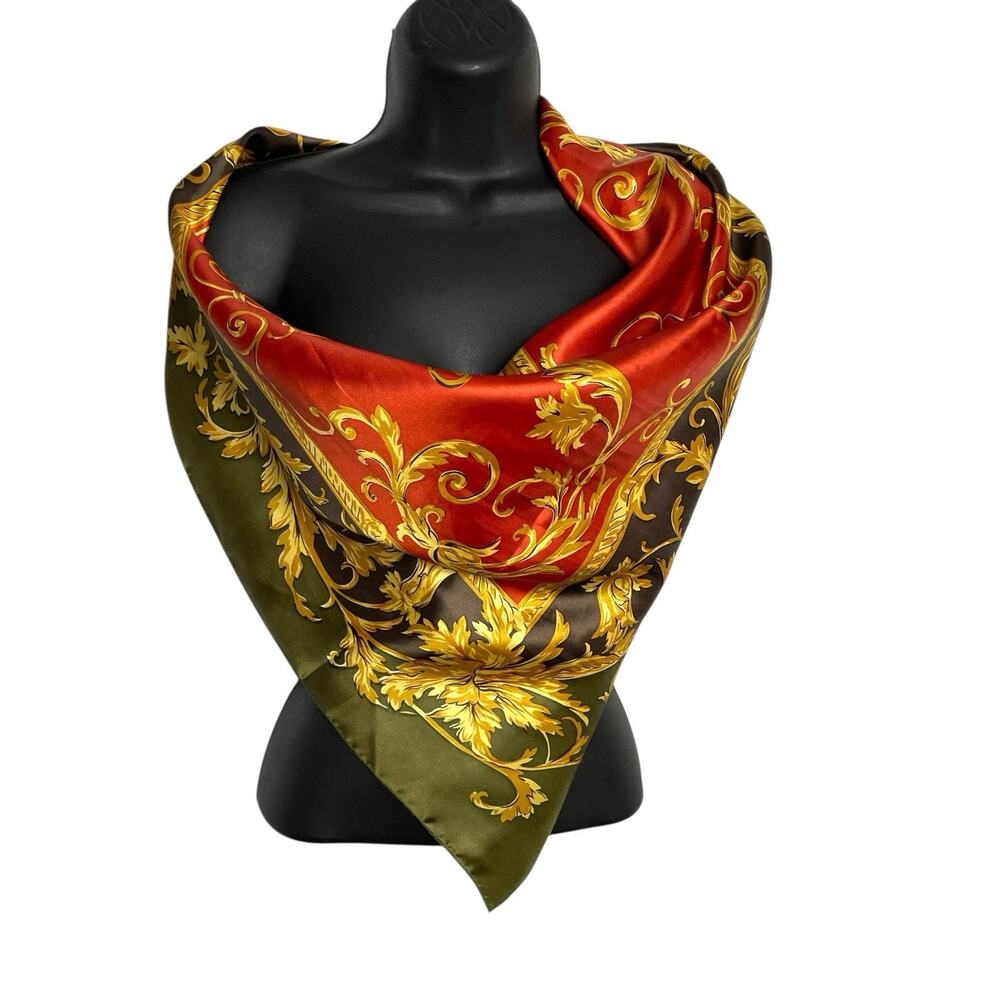 Regal Regency Design Scarf 35" Square Green Gold Leaf Scroll Luxury‎ Old Money